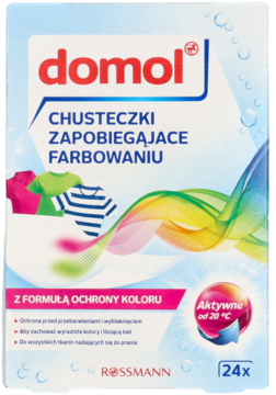 Domol Chusteczki zapobiegające farbowaniu, białe opakowanie, widok z przodu. Kolorowe grafiki odzieży i bąbelki.