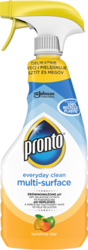 Pronto multi-surface cleaner "sunshine day" w białej butelce z żółtym spryskiwaczem, widok z przodu, z recyklingu.