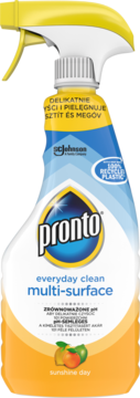 Pronto multi-surface cleaner "sunshine day" w białej butelce z żółtym spryskiwaczem, widok z przodu, z recyklingu.