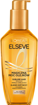 L'Oréal Elseve Magiczna Moc Olejków Serum do włosów suchych, bursztynowa butelka z pompką, z przodu.