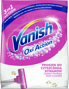 Różowa torba Vanish Oxi Action proszku do czyszczenia dywanów, z niebieskim logo i widocznym różowym aplikatorem.