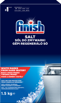 Niebiesko-białe opakowanie Finish Salt 1.5 kg do zmywarki, widok z przodu, z informacjami o ochronie przed kamieniem.