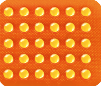 Blister Polski Lek Witamina C, 30 żółtych tabletek o smaku cytrynowym w pomarańczowym opakowaniu.