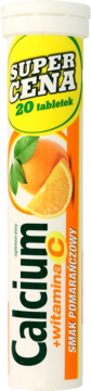 Biała tuba z napisem Super Cena, zawiera 20 tabletek musujących Calcium + witamina C o smaku pomarańczowym.