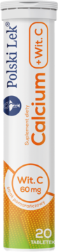 Biała tuba Polski Lek Calcium +Wit. C, tabletki musujące o smaku pomarańczowym, widok z przodu.