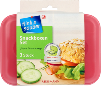 Zestaw 3 pudełek śniadaniowych Flink & sauber Rossmann, z różowym pudełkiem, widok z przodu.
