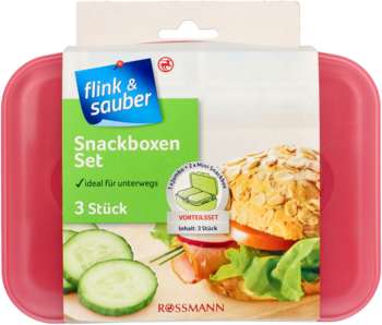 Zestaw 3 pudełek śniadaniowych Flink & sauber Rossmann, z różowym pudełkiem, widok z przodu.