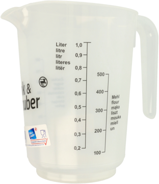 Przezroczysty, plastikowy dzbanek miarowy 1L z podziałkami dla płynów i mąki, z uchwytem i dzióbkiem, widok przód.