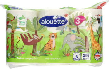 Alouette miękki 3-warstwowy papier toaletowy, opakowanie z motywem zwierząt dżungli, widok przód.