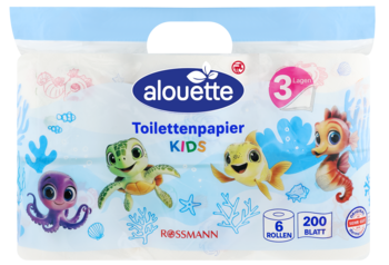 Alouette Toilettenpapier KIDS, 6 rolek 3-warstwowych, z rysunkami morskich zwierząt: ośmiornica, żółw, ryba, konik morski.