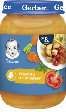 GERBER ,danie w słoiczku, Spaghetti z kurczakiem, po 8.m-cu,przód