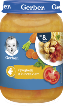 Słoiczek Gerber Spaghetti z kurczakiem po 8. miesiącu, pomarańczowe danie z niebieską nakrętką, widok z przodu.