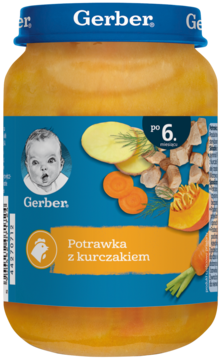 Gerber Potrawka z kurczakiem, słoik dla dzieci po 6. miesiącu, z grafiką kurczaka, dyni, ziemniaków.