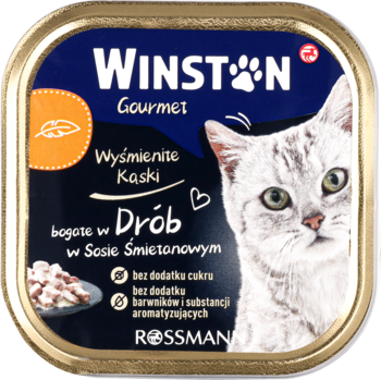Winston Gourmet karma dla kota, tacka z drobiem w sosie śmietanowym, bez cukru, z wizerunkiem szarego kota, widok z przodu.