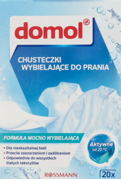 Niebieskie opakowanie Domol chusteczek wybielających do prania, z grafiką białych koszul i info Aktywne od 20°C.