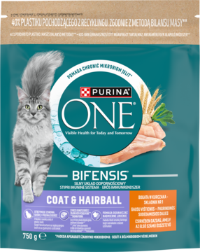 Front opakowania Purina ONE Coat & Hairball dla kota 750g, z kotem, kurczakiem i zielono-brązowym tłem.