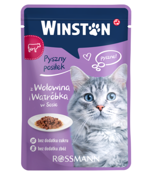 Fioletowa saszetka karmy Winston dla kota, wołowina i wątróbka w sosie, z wizerunkiem kota. Bez cukru i zbóż. Widok z przodu.