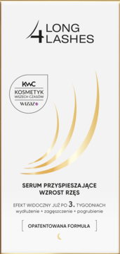 Białe opakowanie serum Long 4 Lashes, przyspieszającego wzrost rzęs, ze złotymi paskami i nagrodą KWC, widok z przodu.