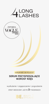 Grafika serum 4 Long Lashes, zwycięzca Vogue Beauty Awards 2023. Złote łuki, napis: Serum nr 1 w Polsce.