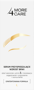 Białe opakowanie 4 MORE CARE serum do wzrostu brwi, widok z przodu, złoty symbol brwi i napis po polsku.