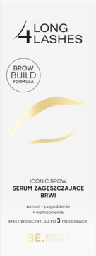 4 Long Lashes Iconic Brow serum zagęszczające brwi, białe opakowanie z złotym rysunkiem brwi, widok z przodu.