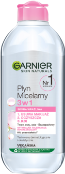 Garnier Skin Naturals Płyn Micelarny 3w1 do skóry wrażliwej, przezroczysta butelka z różową nakrętką, widok z przodu.