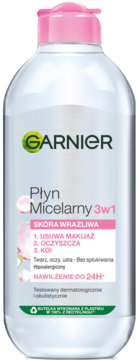 Garnier Płyn Micelarny 3w1 do skóry wrażliwej, usuwa makijaż, oczyszcza, koi, butelka z różową nakrętką, przód.