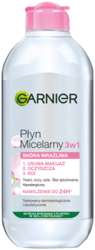 Garnier Płyn Micelarny 3w1 do skóry wrażliwej w przezroczystej butelce z różową nakrętką. Widok z przodu.