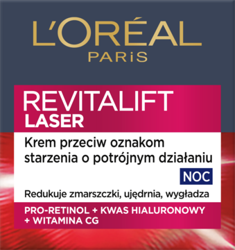 L'Oréal Revitalift Laser krem na noc przeciwzmarszczkowy z pro-retinolem, kwasem hialuronowym i witaminą Cg, widok z przodu.
