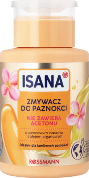 Isana Zmywacz do paznokci bez acetonu, w pomarańczowej butelce z arganem, idealny do łamliwych paznokci, widok z przodu.
