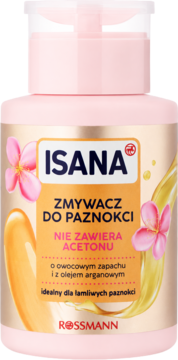 Isana Zmywacz do paznokci bez acetonu, z olejkiem arganowym, w różowej butelce z pompką, widok z przodu.
