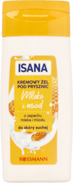 ISANA żel pod prysznic Mleko i Miód do skóry suchej, biała butelka z żółtą etykietą i grafiką miodu.