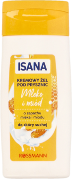 ISANA żel pod prysznic Mleko i Miód do skóry suchej, biała butelka z żółtą etykietą i grafiką miodu.