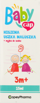 Białe pudełko Baby cap, spray do higieny uszu dla dzieci 3m+, 15ml, z kolorową grafiką dzieci i ucha.