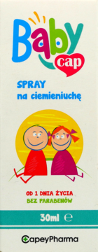 Białe opakowanie Babycap Spray na ciemieniuchę 30ml, dla niemowląt, z kolorowym logo i rysunkami dzieci, widok z przodu.