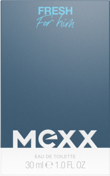 Kartonik perfum męskich MEXX Fresh For Him EDT 30 ml, błękitno-szary z białym pasem na dole.
