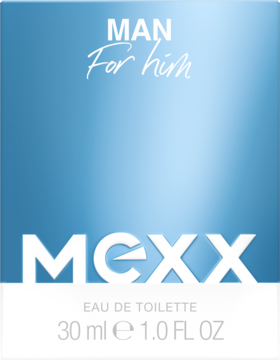 Jasnoniebieskie opakowanie wody toaletowej Mexx Man For him 30ml, z białym napisem i logo MEXX, widok frontalny.