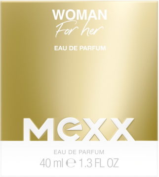 Mexx Woman For Her Eau de Parfum 40 ml, złoto-białe pudełko, widok z przodu z napisem EAU DE PARFUM.