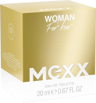 Złoty kartonik Mexx Woman Eau de Toilette 20ml, z białymi napisami i logo MEXX, widok z przodu i boku.