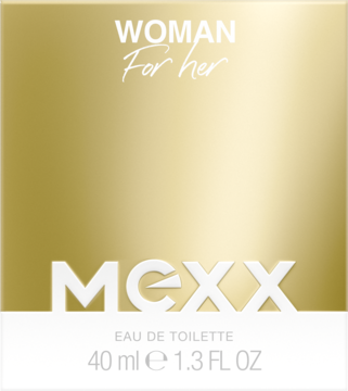 Złoto-białe pudełko perfum Mexx Woman For Her EDT 40ml, widok frontalny, z dużym napisem MEXX.