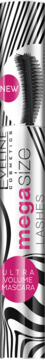 Mascara Ultra Volume o wzorze zebry, z różowymi akcentami i napisami "NEW", "Mega Size", widok z przodu.