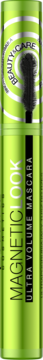 Neon lime green mascara, 'MAGNETIC LOOK ULTRA VOLUME MASCARA' on black label. Upright cylindrical tube with white patterns, front view.