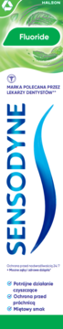 Pionowe opakowanie pasty Sensodyne Fluoride, biało-zielone. Niebieskie logo. Pasta dla wrażliwych zębów i ochrona przed próchnicą.
