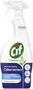 Biały spray Cif Cleanboost Uniwersalny Odkamieniacz, widok z przodu, usuwa 100% kamienia i osadów z mydła.