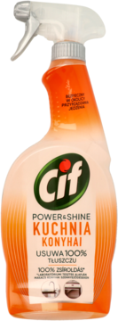 Cif Power&Shine Kuchnia spray, pomarańczowa butelka, biały spryskiwacz, zielone logo, widok z przodu, usuwa tłuszcz.