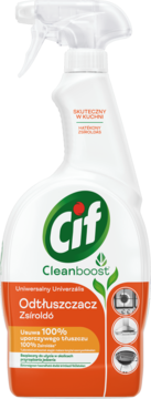 Cif Cleanboost Odtłuszczacz, biała butelka spray do kuchni z pomarańczową etykietą, usuwa 100% tłuszczu.