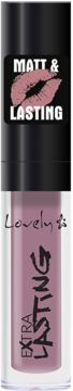 Matowa pomadka Lovely Extra Lasting w płynie, odcień brudnego różu, z napisem MATT & LASTING na czarnej zakrętce.