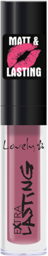 Różowa matowa pomadka Lovely Extra Lasting w przeźroczystej tubce, z logo ust na czarnej nakrętce.