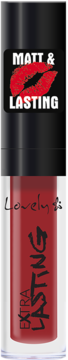Czerwona matowa pomadka Lovely Extra Lasting w tubce, z czarną zakrętką i napisem MATT & LASTING.