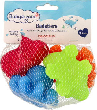 Cztery kolorowe zwierzątka do kąpieli Babydream z funkcją spryskiwania w siatkowej torbie, widok z przodu.